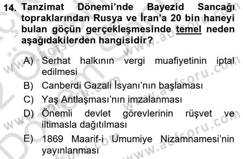 Osmanlı´da İskan ve Göç Dersi 2021 - 2022 Yılı (Final) Dönem Sonu Sınav Soruları 14. Soru