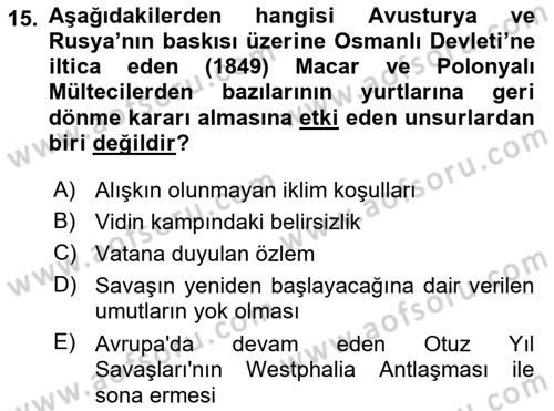 Osmanlı´da İskan ve Göç Dersi 2021 - 2022 Yılı (Final) Dönem Sonu Sınav Soruları 15. Soru