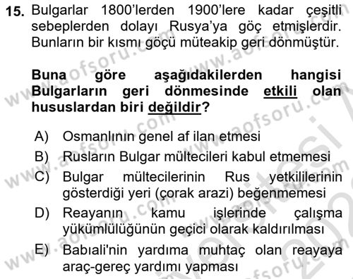 Osmanlı´da İskan ve Göç Dersi 2021 - 2022 Yılı Yaz Okulu Sınav Soruları 15. Soru