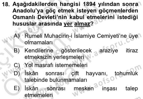 Osmanlı´da İskan ve Göç Dersi 2021 - 2022 Yılı Yaz Okulu Sınav Soruları 18. Soru
