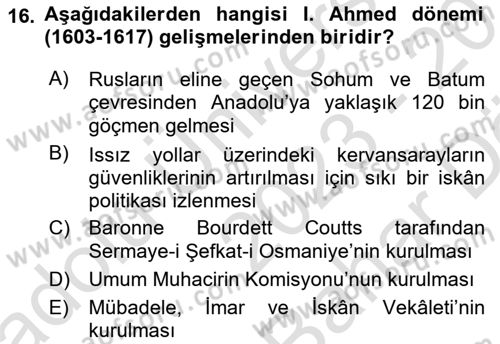 Osmanlı´da İskan ve Göç Dersi 2023 - 2024 Yılı (Vize) Ara Sınav Soruları 16. Soru