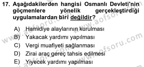 Osmanlı´da İskan ve Göç Dersi 2023 - 2024 Yılı (Final) Dönem Sonu Sınav Soruları 17. Soru