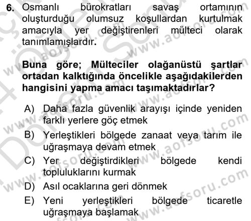 Osmanlı´da İskan ve Göç Dersi 2023 - 2024 Yılı (Final) Dönem Sonu Sınavı 6. Soru