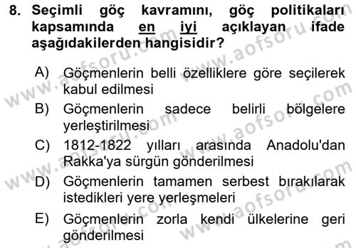 Osmanlı´da İskan ve Göç Dersi 2023 - 2024 Yılı (Final) Dönem Sonu Sınav Soruları 8. Soru
