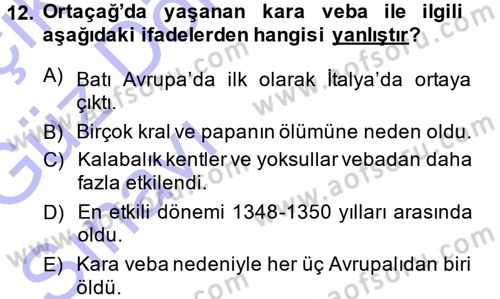 Ortaçağ-Yeniçağ Avrupa Tarihi Dersi Ara Sınavı Deneme Sınav Soruları 12. Soru