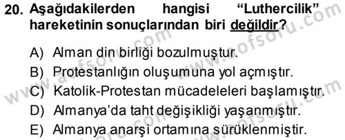 Ortaçağ-Yeniçağ Avrupa Tarihi Dersi Ara Sınavı Deneme Sınav Soruları 20. Soru