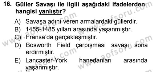 Ortaçağ-Yeniçağ Avrupa Tarihi Dersi 2014 - 2015 Yılı (Vize) Ara Sınavı 16. Soru