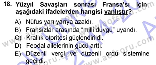 Ortaçağ-Yeniçağ Avrupa Tarihi Dersi 2014 - 2015 Yılı (Vize) Ara Sınavı 18. Soru