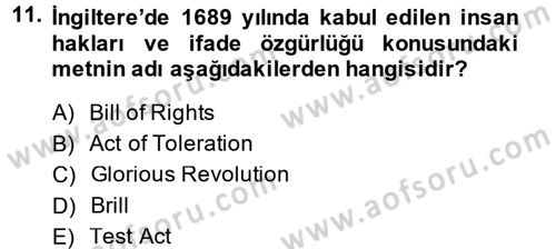 Ortaçağ-Yeniçağ Avrupa Tarihi Dersi 2014 - 2015 Yılı (Final) Dönem Sonu Sınav Soruları 11. Soru