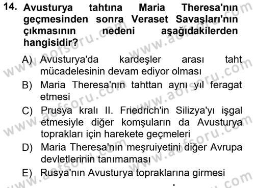 Ortaçağ-Yeniçağ Avrupa Tarihi Dersi 2014 - 2015 Yılı (Final) Dönem Sonu Sınav Soruları 14. Soru