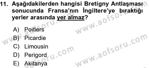 Ortaçağ-Yeniçağ Avrupa Tarihi Dersi Ara Sınavı Deneme Sınav Soruları 11. Soru