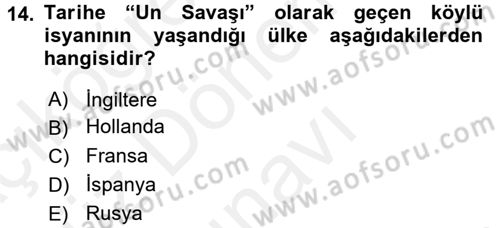 Ortaçağ-Yeniçağ Avrupa Tarihi Dersi 2016 - 2017 Yılı (Final) Dönem Sonu Sınav Soruları 14. Soru