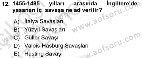Ortaçağ-Yeniçağ Avrupa Tarihi Dersi 2017 - 2018 Yılı (Vize) Ara Sınav Soruları 12. Soru