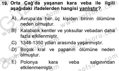 Ortaçağ-Yeniçağ Avrupa Tarihi Dersi Ara Sınavı Deneme Sınav Soruları 19. Soru