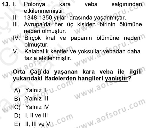 Ortaçağ-Yeniçağ Avrupa Tarihi Dersi Ara Sınavı Deneme Sınav Soruları 13. Soru