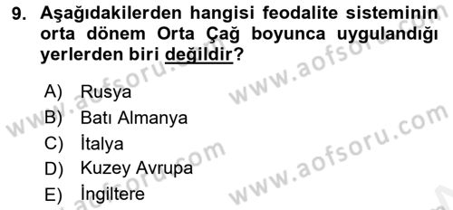 Ortaçağ-Yeniçağ Avrupa Tarihi Dersi Ara Sınavı Deneme Sınav Soruları 9. Soru