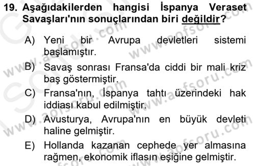 Ortaçağ-Yeniçağ Avrupa Tarihi Dersi 2018 - 2019 Yılı (Final) Dönem Sonu Sınav Soruları 19. Soru
