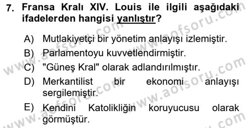 Ortaçağ-Yeniçağ Avrupa Tarihi Dersi 2018 - 2019 Yılı (Final) Dönem Sonu Sınav Soruları 7. Soru