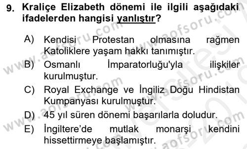 Ortaçağ-Yeniçağ Avrupa Tarihi Dersi 2018 - 2019 Yılı (Final) Dönem Sonu Sınav Soruları 9. Soru