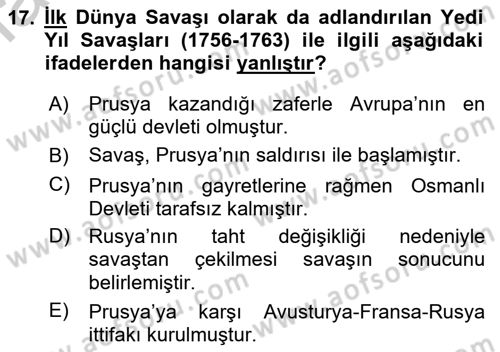 Ortaçağ-Yeniçağ Avrupa Tarihi Dersi 2018 - 2019 Yılı Yaz Okulu Sınav Soruları 17. Soru