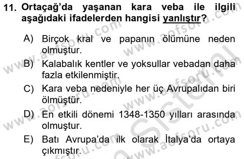 Ortaçağ-Yeniçağ Avrupa Tarihi Dersi 2019 - 2020 Yılı (Vize) Ara Sınav Soruları 11. Soru
