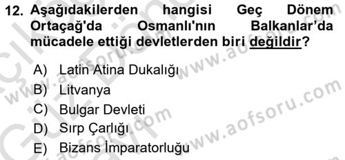 Ortaçağ-Yeniçağ Avrupa Tarihi Dersi Ara Sınavı Deneme Sınav Soruları 12. Soru