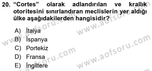 Ortaçağ-Yeniçağ Avrupa Tarihi Dersi Ara Sınavı Deneme Sınav Soruları 20. Soru
