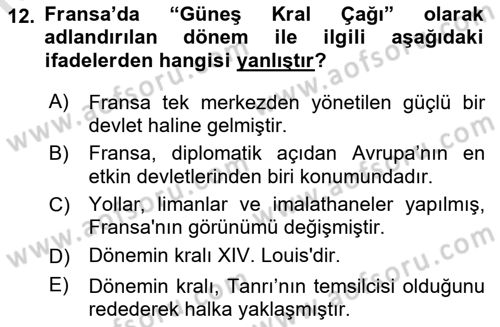 Ortaçağ-Yeniçağ Avrupa Tarihi Dersi 2019 - 2020 Yılı (Final) Dönem Sonu Sınav Soruları 12. Soru