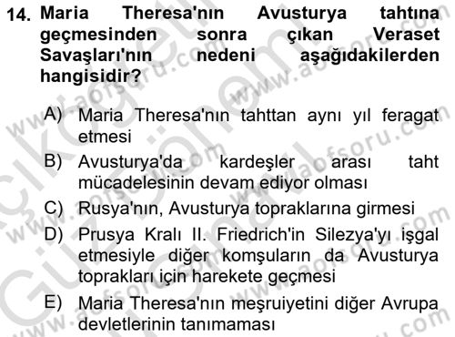 Ortaçağ-Yeniçağ Avrupa Tarihi Dersi 2019 - 2020 Yılı (Final) Dönem Sonu Sınav Soruları 14. Soru