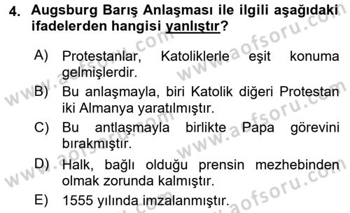 Ortaçağ-Yeniçağ Avrupa Tarihi Dersi 2019 - 2020 Yılı (Final) Dönem Sonu Sınav Soruları 4. Soru