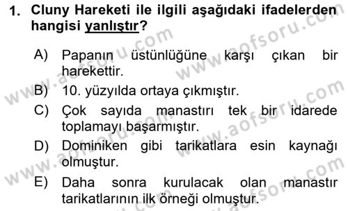 Ortaçağ-Yeniçağ Avrupa Tarihi Dersi Ara Sınavı Deneme Sınav Soruları 1. Soru