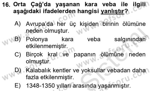 Ortaçağ-Yeniçağ Avrupa Tarihi Dersi 2021 - 2022 Yılı (Vize) Ara Sınav Soruları 16. Soru