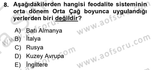 Ortaçağ-Yeniçağ Avrupa Tarihi Dersi Ara Sınavı Deneme Sınav Soruları 8. Soru