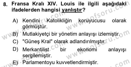 Ortaçağ-Yeniçağ Avrupa Tarihi Dersi 2021 - 2022 Yılı (Final) Dönem Sonu Sınav Soruları 8. Soru