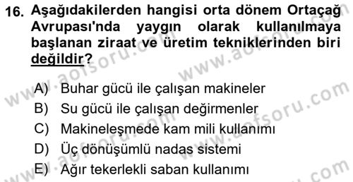 Ortaçağ-Yeniçağ Avrupa Tarihi Dersi 2021 - 2022 Yılı Yaz Okulu Sınav Soruları 16. Soru