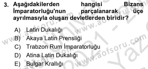 Ortaçağ-Yeniçağ Avrupa Tarihi Dersi 2021 - 2022 Yılı Yaz Okulu Sınav Soruları 3. Soru