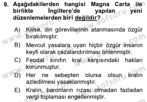 Ortaçağ-Yeniçağ Avrupa Tarihi Dersi Ara Sınavı Deneme Sınav Soruları 9. Soru