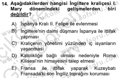 Ortaçağ-Yeniçağ Avrupa Tarihi Dersi 2022 - 2023 Yılı (Final) Dönem Sonu Sınav Soruları 14. Soru