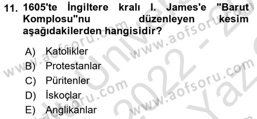Ortaçağ-Yeniçağ Avrupa Tarihi Dersi 2022 - 2023 Yılı Yaz Okulu Sınav Soruları 11. Soru
