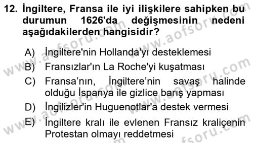 Ortaçağ-Yeniçağ Avrupa Tarihi Dersi 2022 - 2023 Yılı Yaz Okulu Sınav Soruları 12. Soru