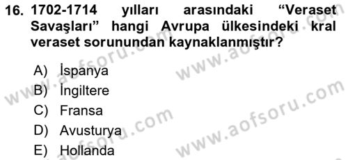 Ortaçağ-Yeniçağ Avrupa Tarihi Dersi 2022 - 2023 Yılı Yaz Okulu Sınav Soruları 16. Soru