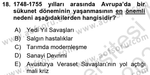 Ortaçağ-Yeniçağ Avrupa Tarihi Dersi 2022 - 2023 Yılı Yaz Okulu Sınav Soruları 18. Soru