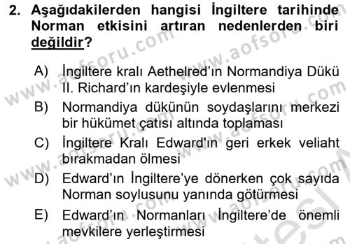 Ortaçağ-Yeniçağ Avrupa Tarihi Dersi 2022 - 2023 Yılı Yaz Okulu Sınav Soruları 2. Soru