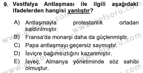 Ortaçağ-Yeniçağ Avrupa Tarihi Dersi 2022 - 2023 Yılı Yaz Okulu Sınav Soruları 9. Soru