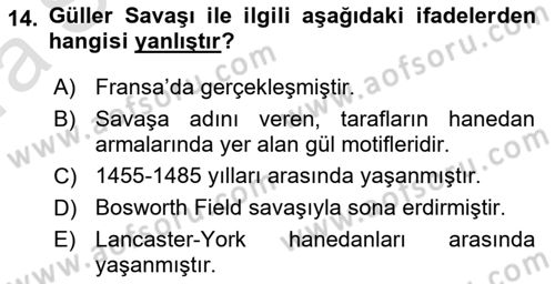 Ortaçağ-Yeniçağ Avrupa Tarihi Dersi 2023 - 2024 Yılı (Vize) Ara Sınav Soruları 14. Soru