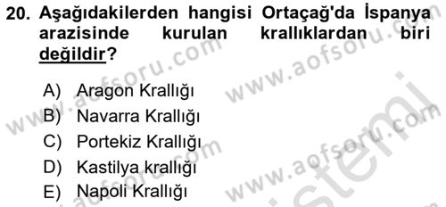 Ortaçağ-Yeniçağ Avrupa Tarihi Dersi Ara Sınavı Deneme Sınav Soruları 20. Soru