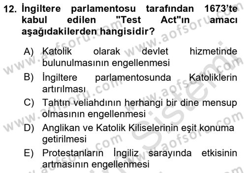 Ortaçağ-Yeniçağ Avrupa Tarihi Dersi 2023 - 2024 Yılı (Final) Dönem Sonu Sınav Soruları 12. Soru