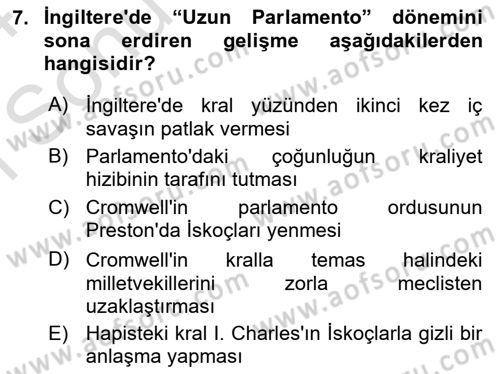 Ortaçağ-Yeniçağ Avrupa Tarihi Dersi 2023 - 2024 Yılı (Final) Dönem Sonu Sınav Soruları 7. Soru