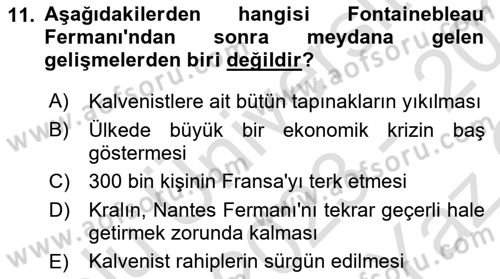 Ortaçağ-Yeniçağ Avrupa Tarihi Dersi 2023 - 2024 Yılı Yaz Okulu Sınav Soruları 11. Soru