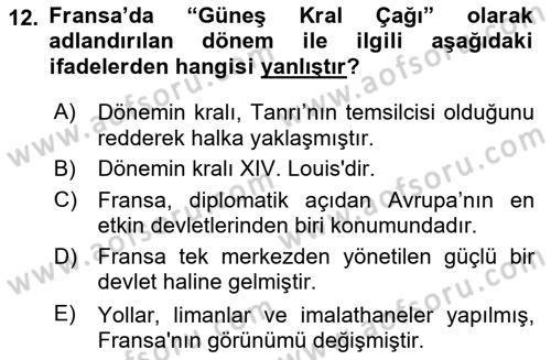 Ortaçağ-Yeniçağ Avrupa Tarihi Dersi 2023 - 2024 Yılı Yaz Okulu Sınav Soruları 12. Soru